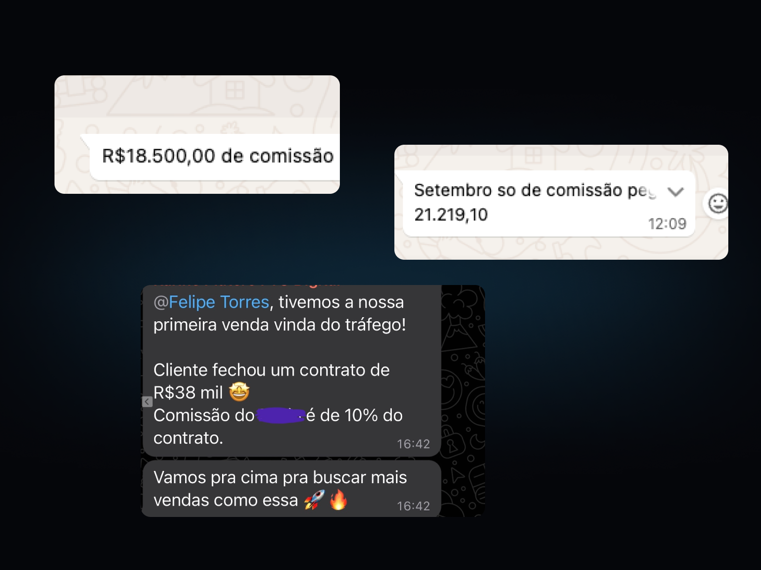 Prints de valores ganhos de comissão